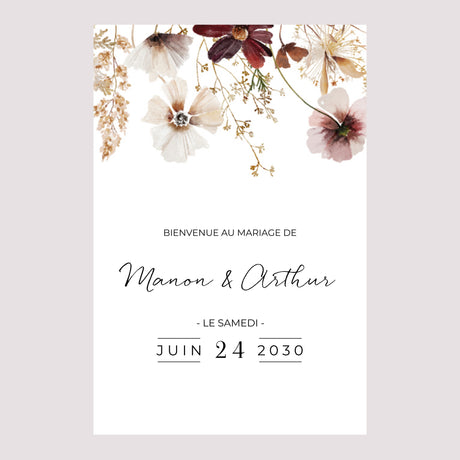 Panneau bienvenue Mariage Portrait 60 x 90 cm Fleurs séchées des prés