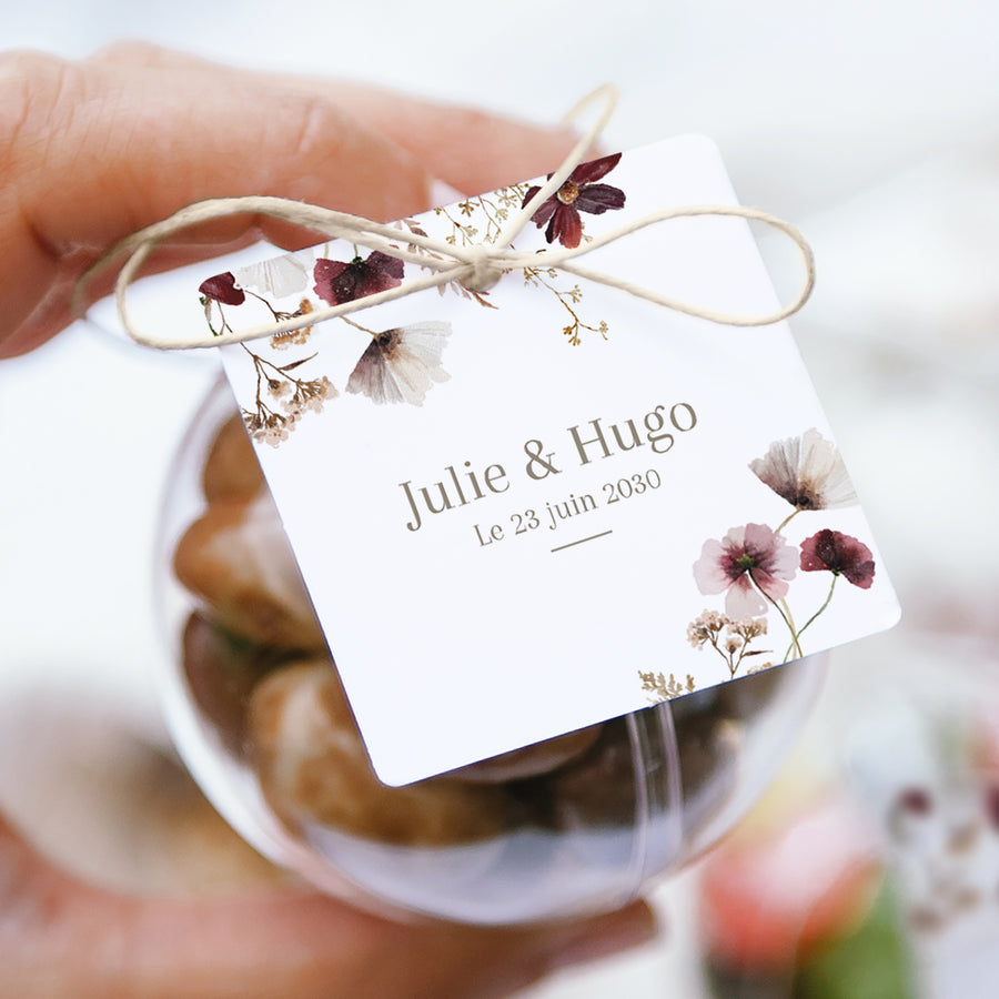 Boîte à dragées Mariage boule avec étiquette carrée Fleurs séchées des prés II photo