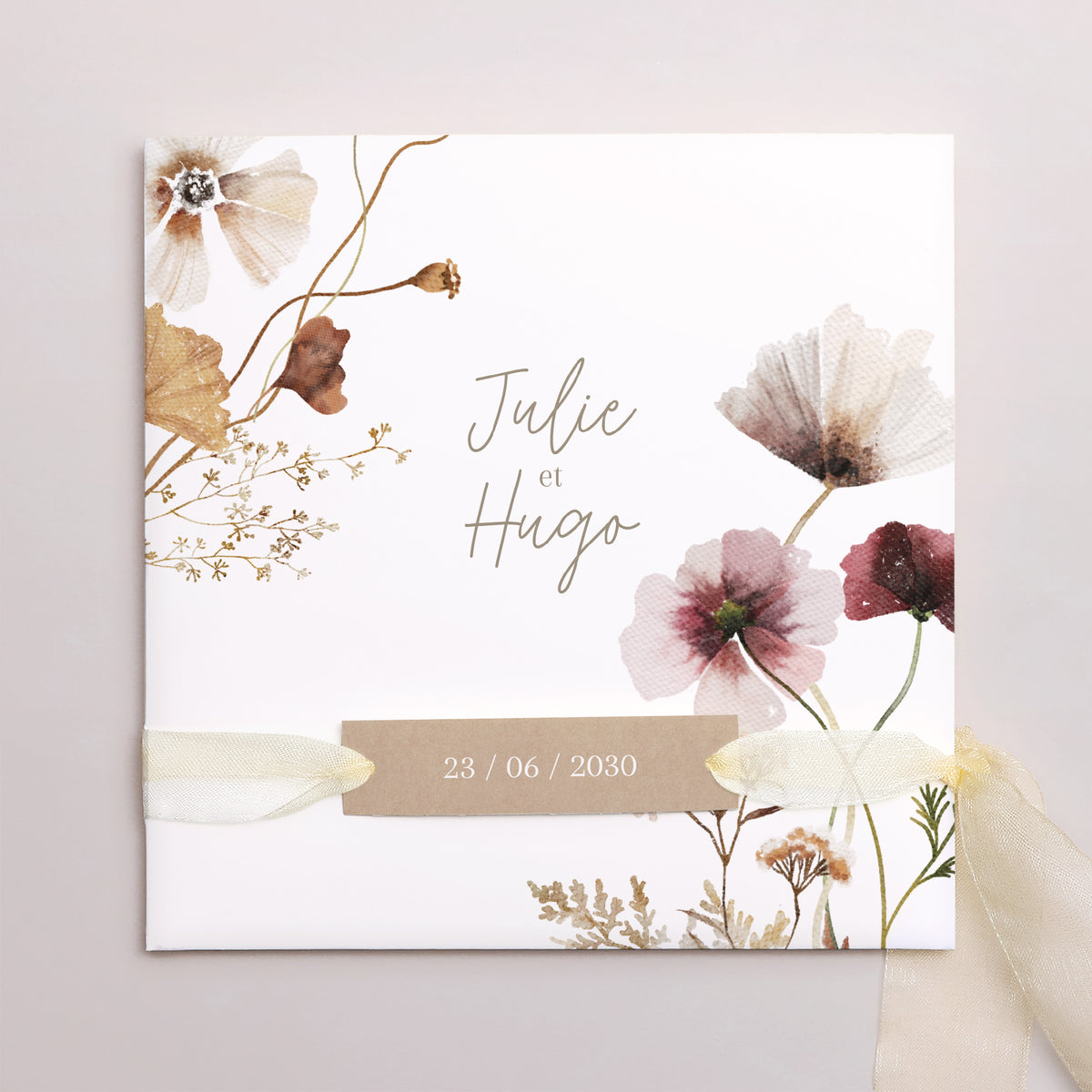 Faire-part Mariage Pochette carrée, 3 cartes, étiquette Fleurs Séchées des Prés II photo