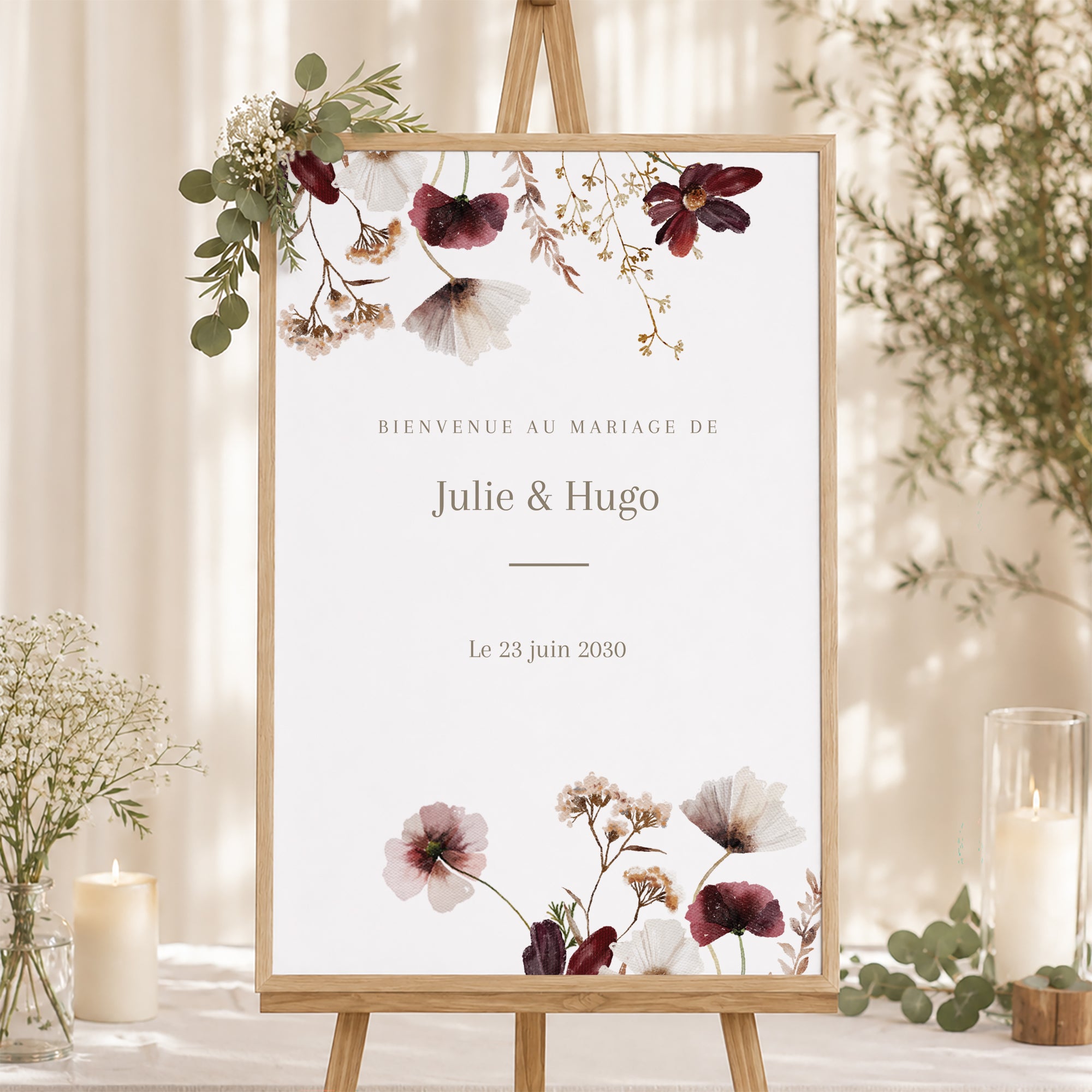 Panneau bienvenue Mariage Portrait 60 x 90 cm Fleurs Séchées des Prés II photo N° 1