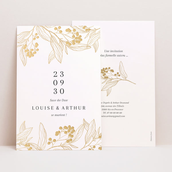Save the date Mariage Portrait Motifs floraux dorés photo