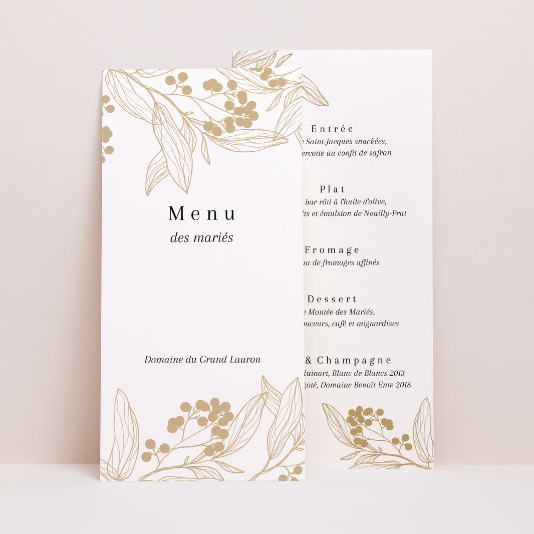 Menu Mariage Panoramique portrait Motifs floraux dorés photo N° 1