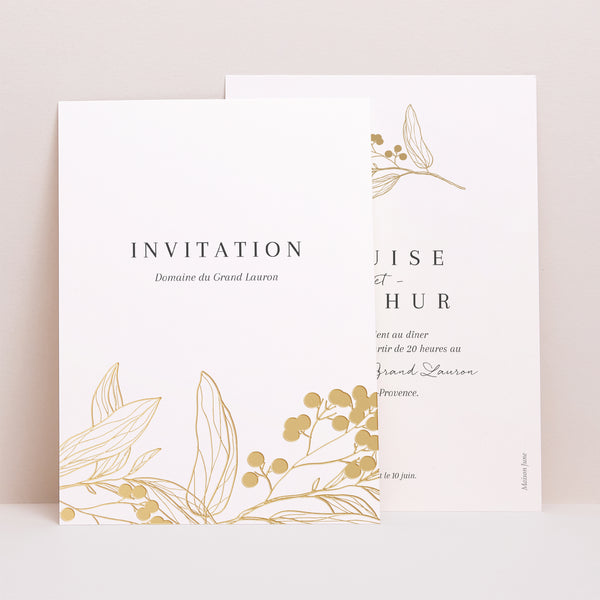 Invitations Mariage Portrait Motifs floraux dorés photo