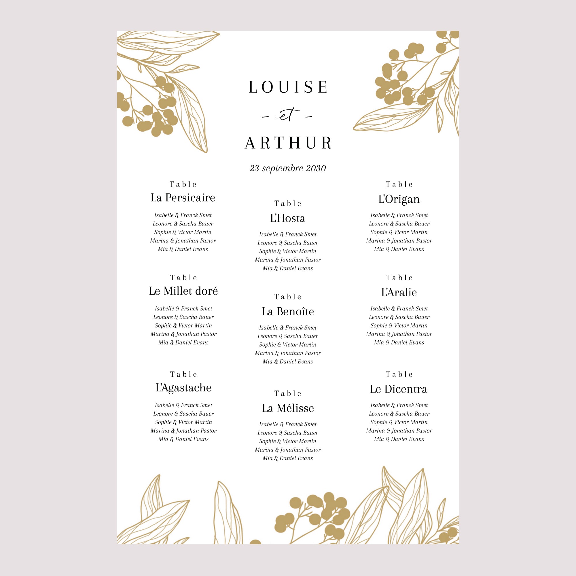 Plan de table Mariage Portrait Motifs floraux dorés photo N° 2