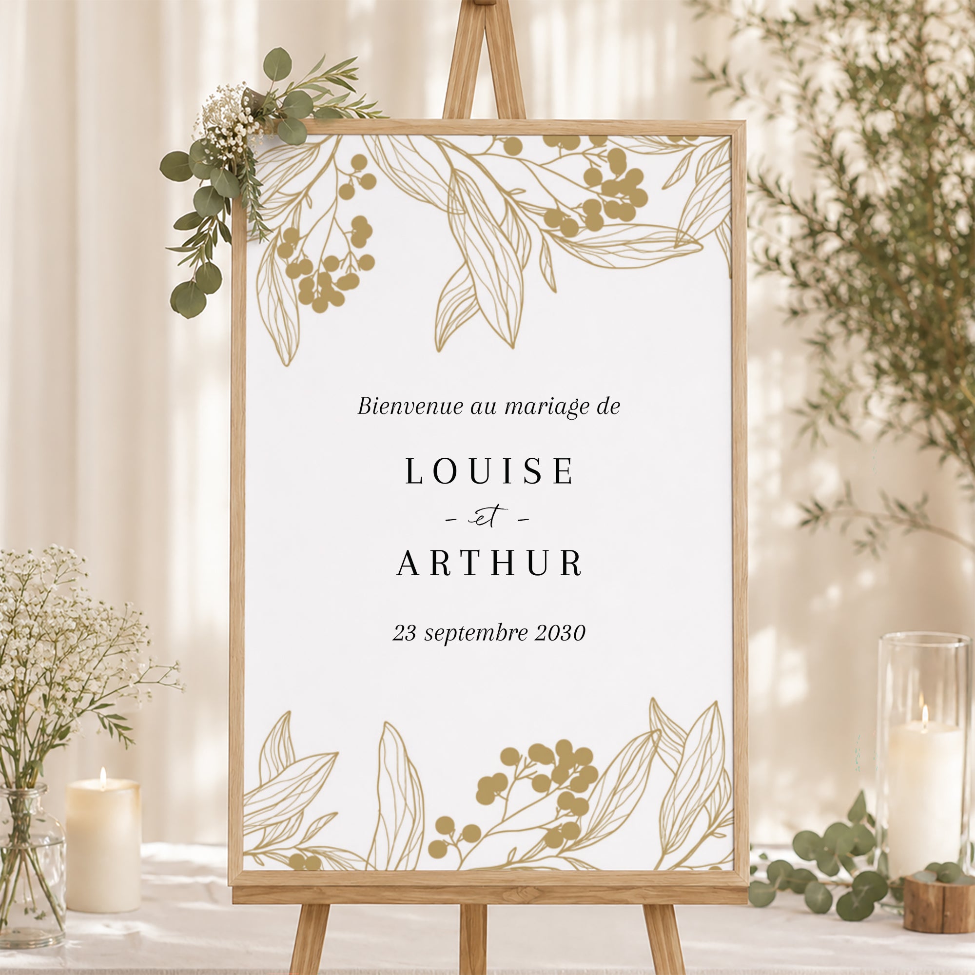 Panneau bienvenue Mariage Portrait 60 x 90 cm Motifs floraux dorés photo N° 1