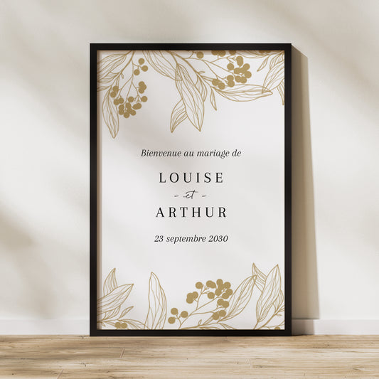 Panneau bienvenue Mariage Portrait 60 x 90 cm Motifs floraux dorés photo