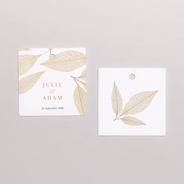 Etiquette perforée Mariage Carrée Feuilles dorées photo