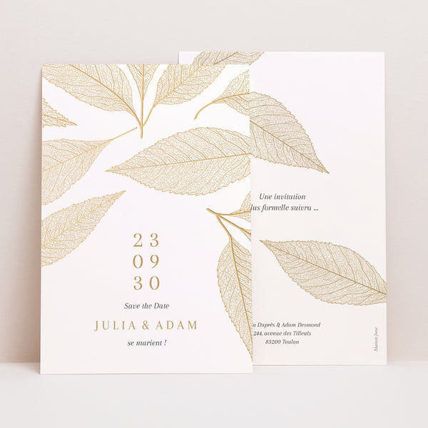 Save the date Mariage Portrait Feuilles dorées photo