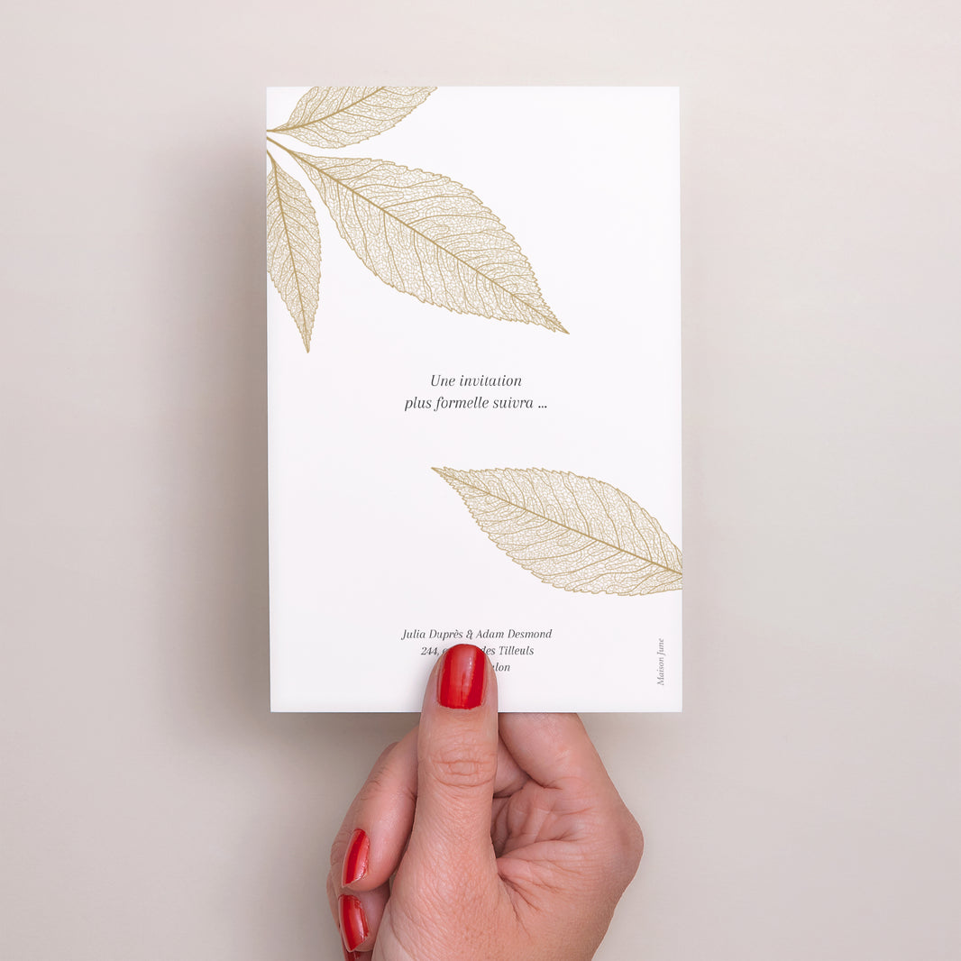 Save the date Mariage Portrait feuilles dorées photo N° 3