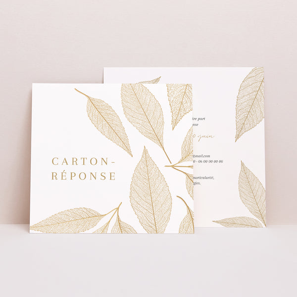 Carton réponse Mariage Carré Feuilles dorées photo