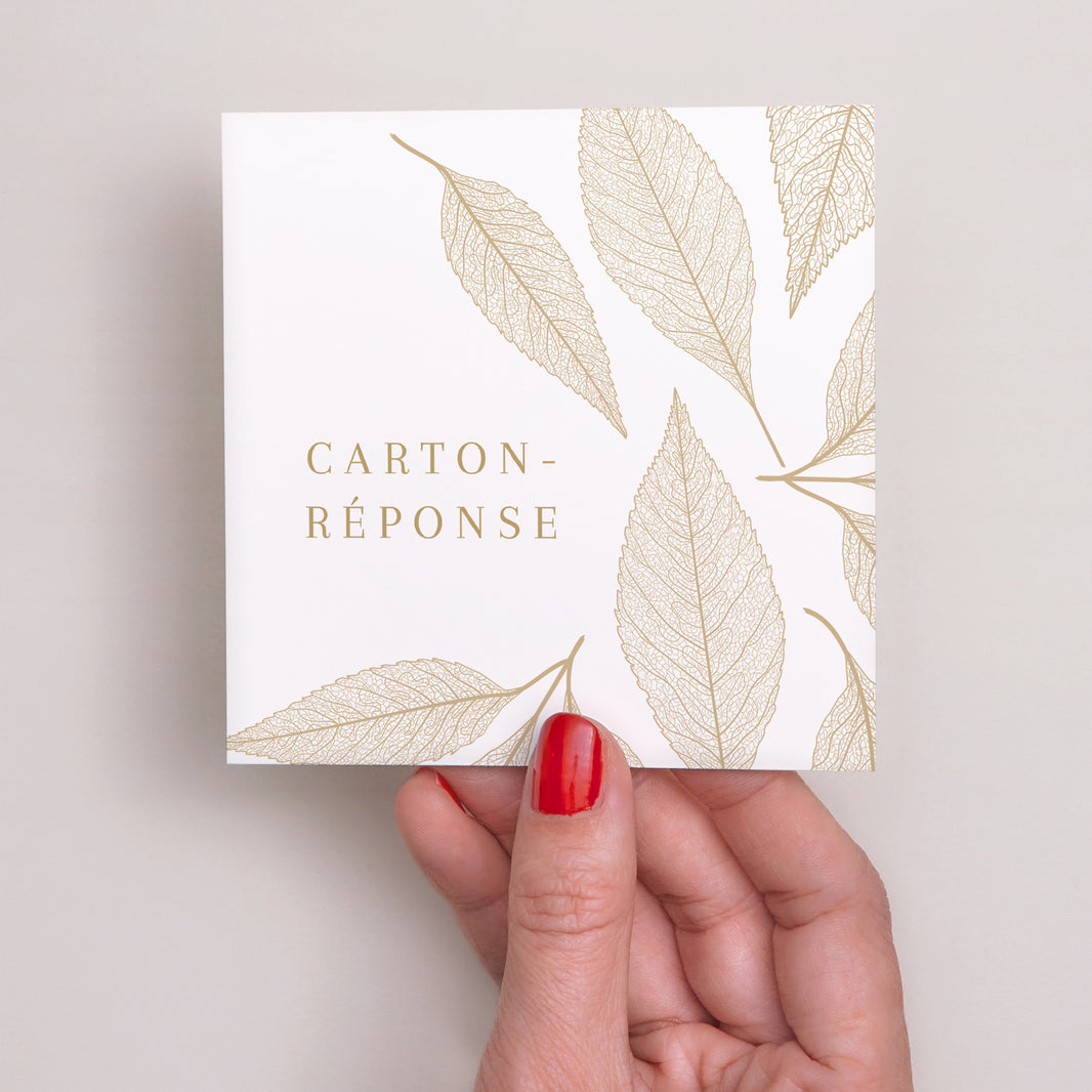 Carton réponse Mariage Carré feuilles dorées photo N° 2