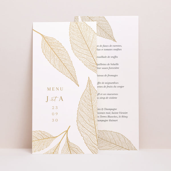 Menu Mariage Panoramique portrait Feuilles dorées photo