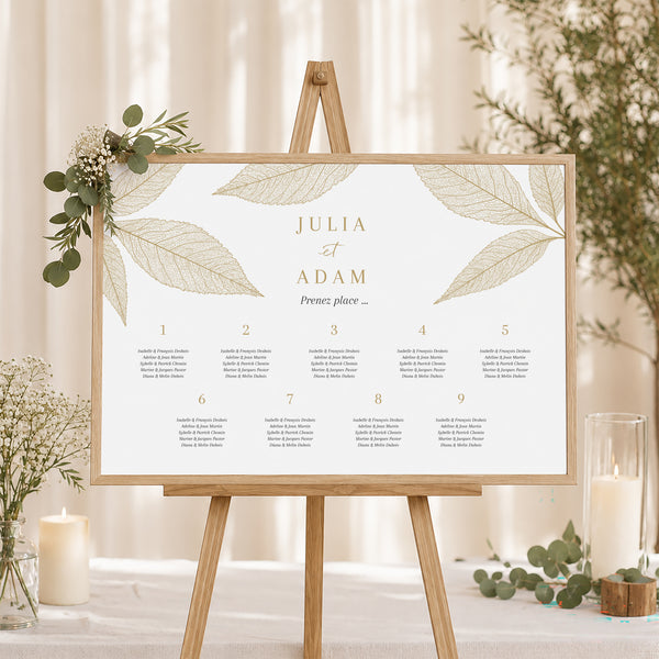 Plan de table Mariage Paysage 90 x 60 cm Feuilles dorées photo