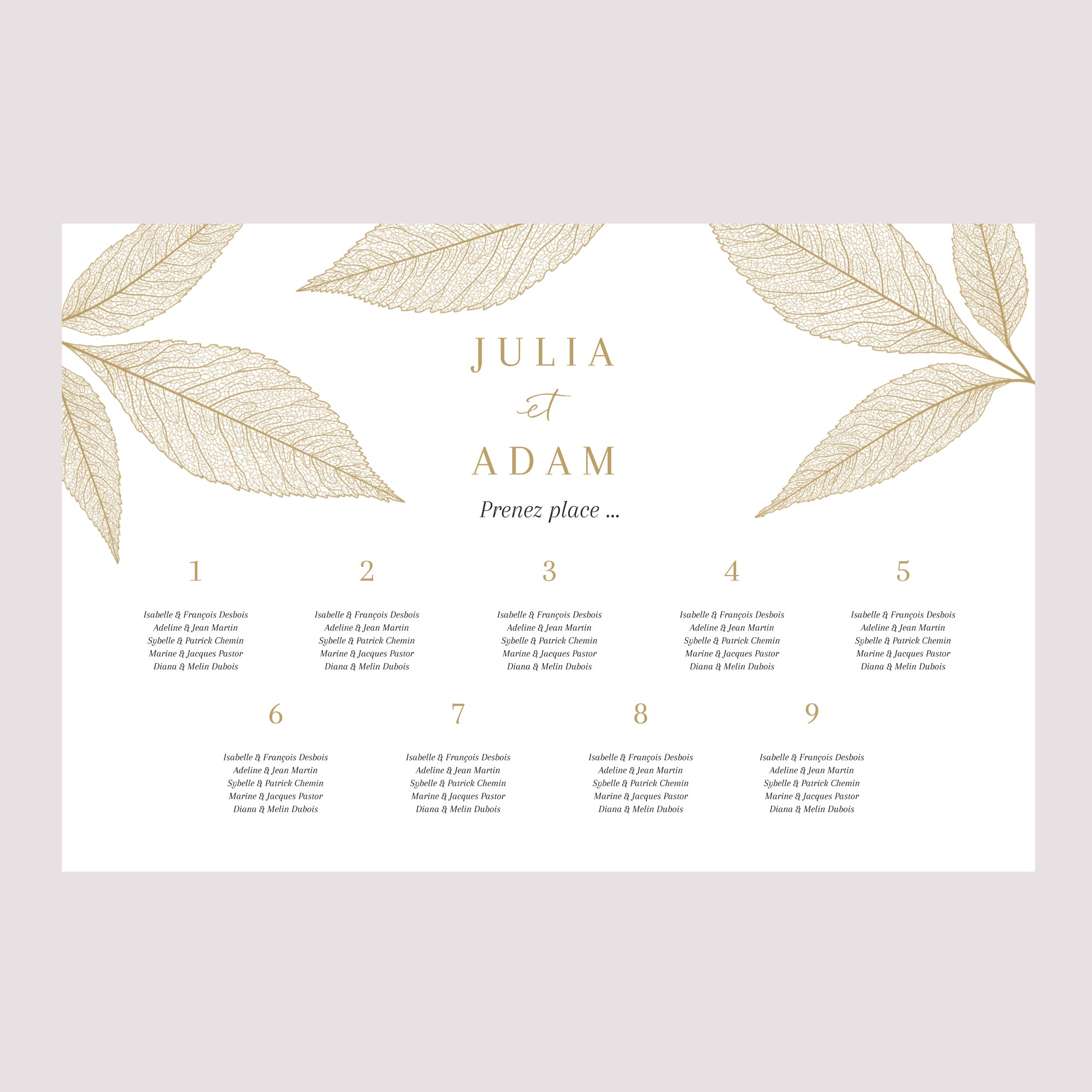 Plan de table Mariage Paysage 90 x 60 cm Feuilles dorées photo N° 2