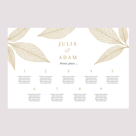 Plan de table Mariage Paysage 90 x 60 cm Feuilles dorées