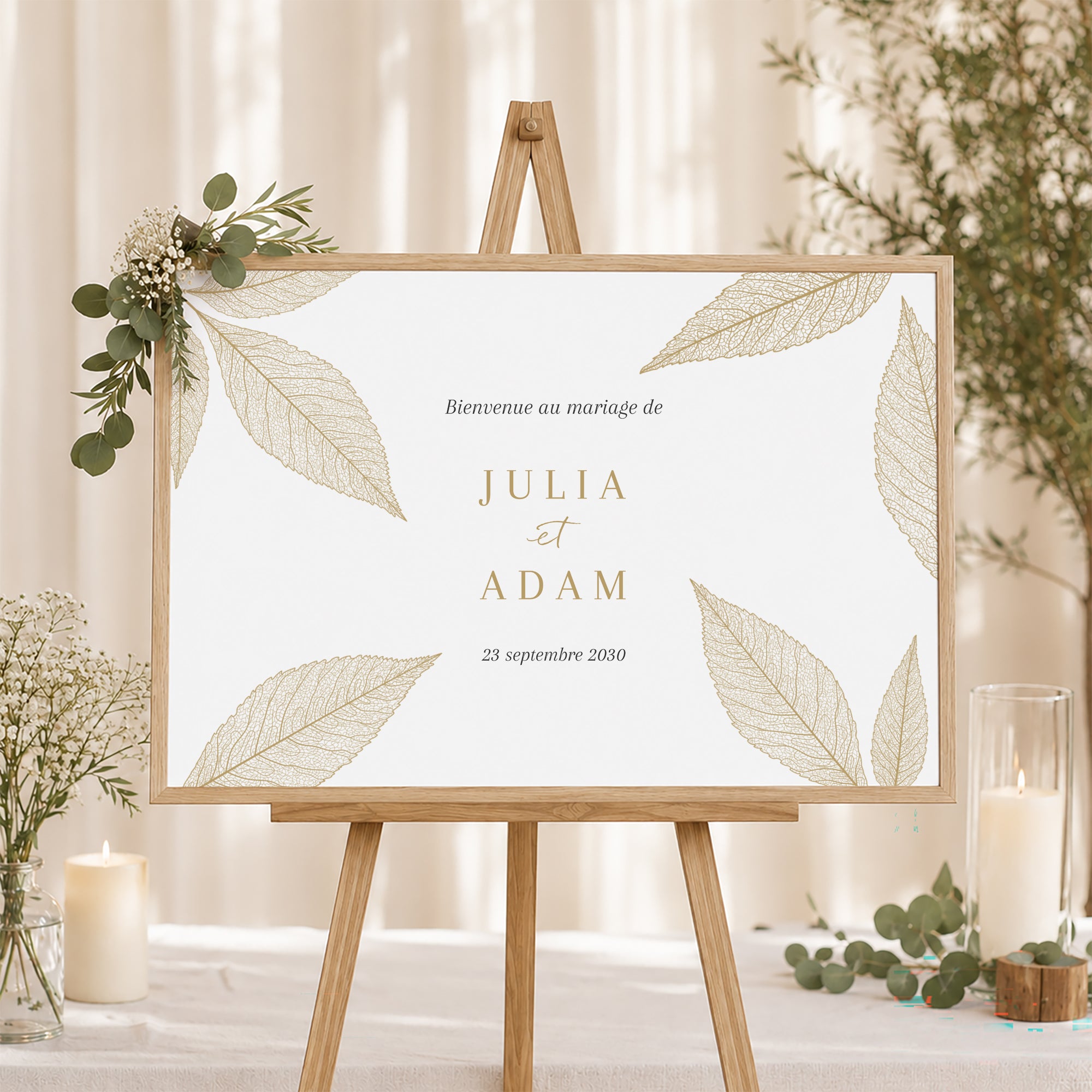 Panneau bienvenue Mariage Paysage 90 x 60 cm Feuilles dorées photo N° 1