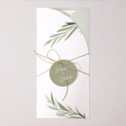 Faire-part Mariage Pochette, 2 cartes, étiquette ronde Feuilles d'olivier photo N° 1