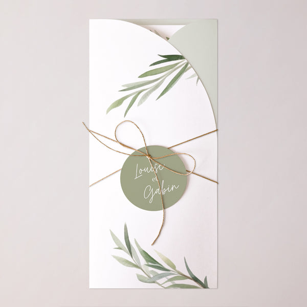 Faire-part Mariage Pochette, 2 cartes, étiquette ronde Feuilles d'Olivier photo
