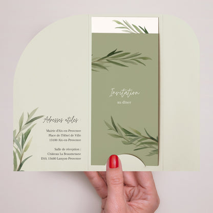 Faire-part Mariage Pochette, 2 cartes, étiquette ronde Feuilles d'olivier photo N° 2