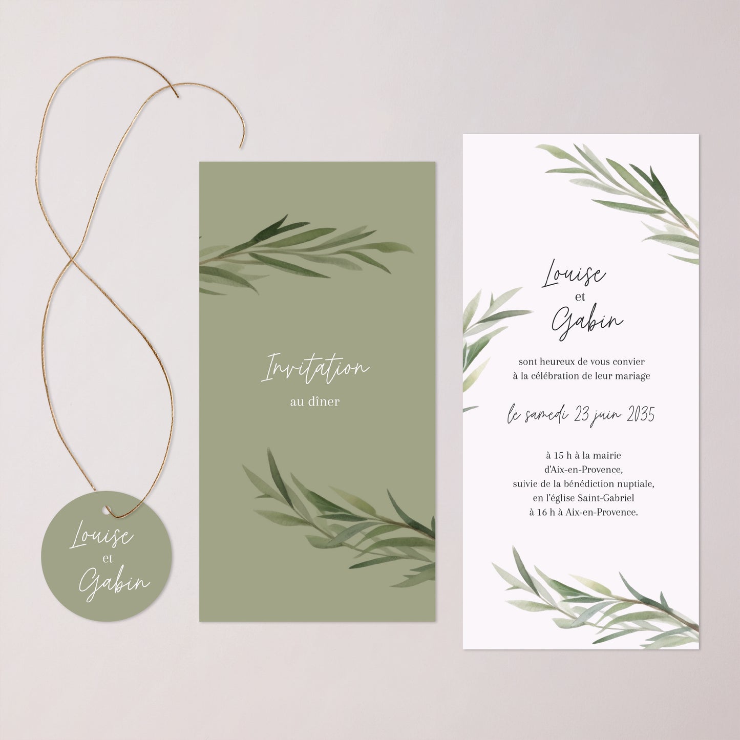 Faire-part Mariage Pochette, 2 cartes, étiquette ronde Feuilles d'olivier photo N° 3