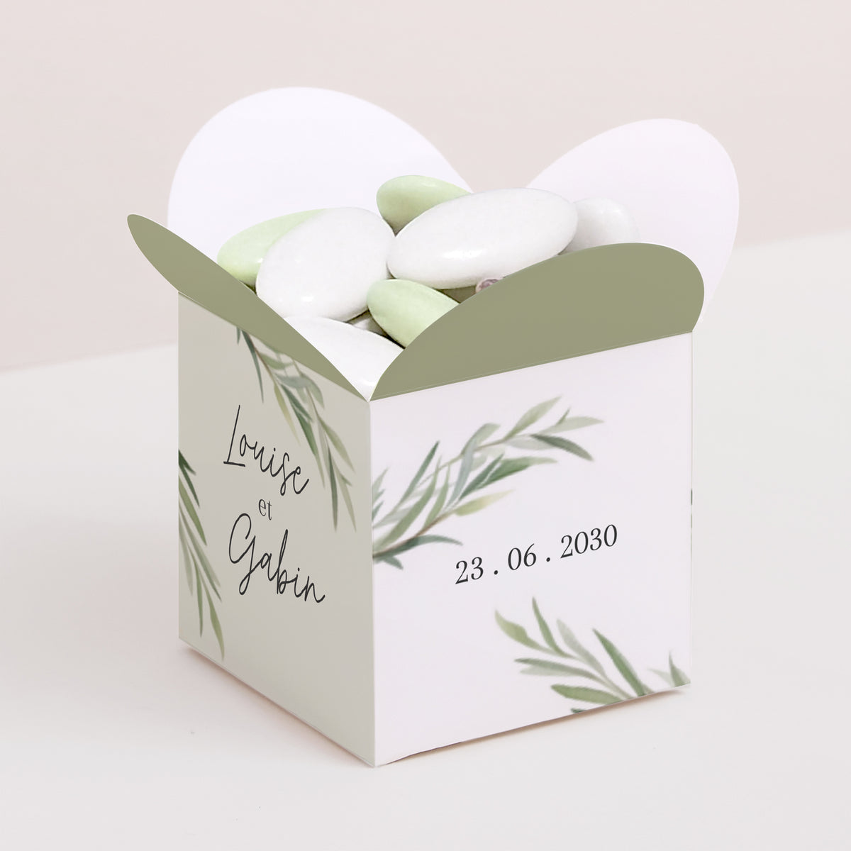 Boîte à dragées Mariage Ouverture papillon Feuilles d'Olivier photo