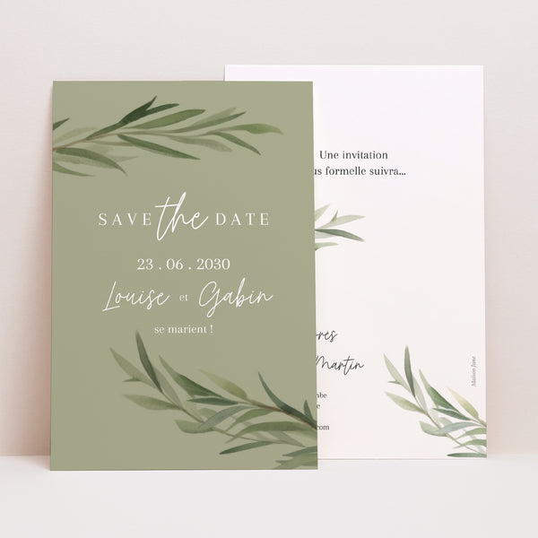 Save the date Mariage Portrait Feuilles d'Olivier photo