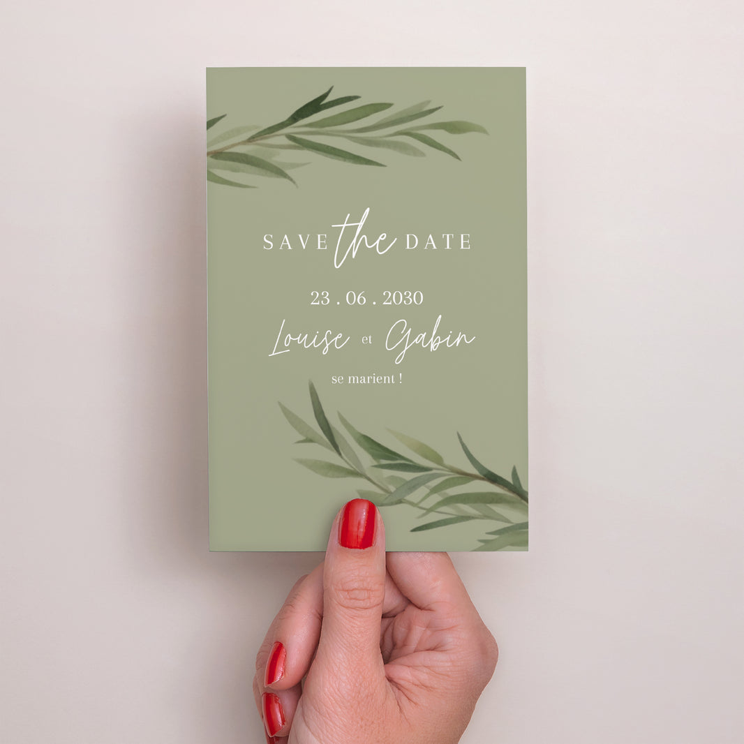 Save the date Mariage Portrait Feuilles d'olivier photo N° 2