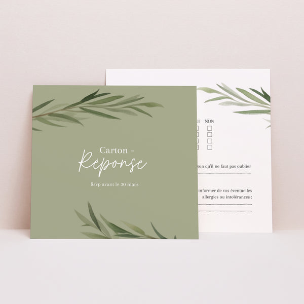 Carton réponse Mariage Carré Feuilles d'Olivier photo