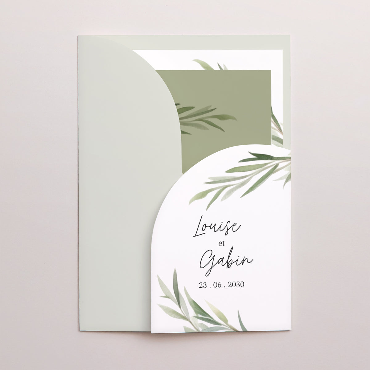 Faire-part Mariage Pochette 2 cartes Feuilles d'Olivier photo