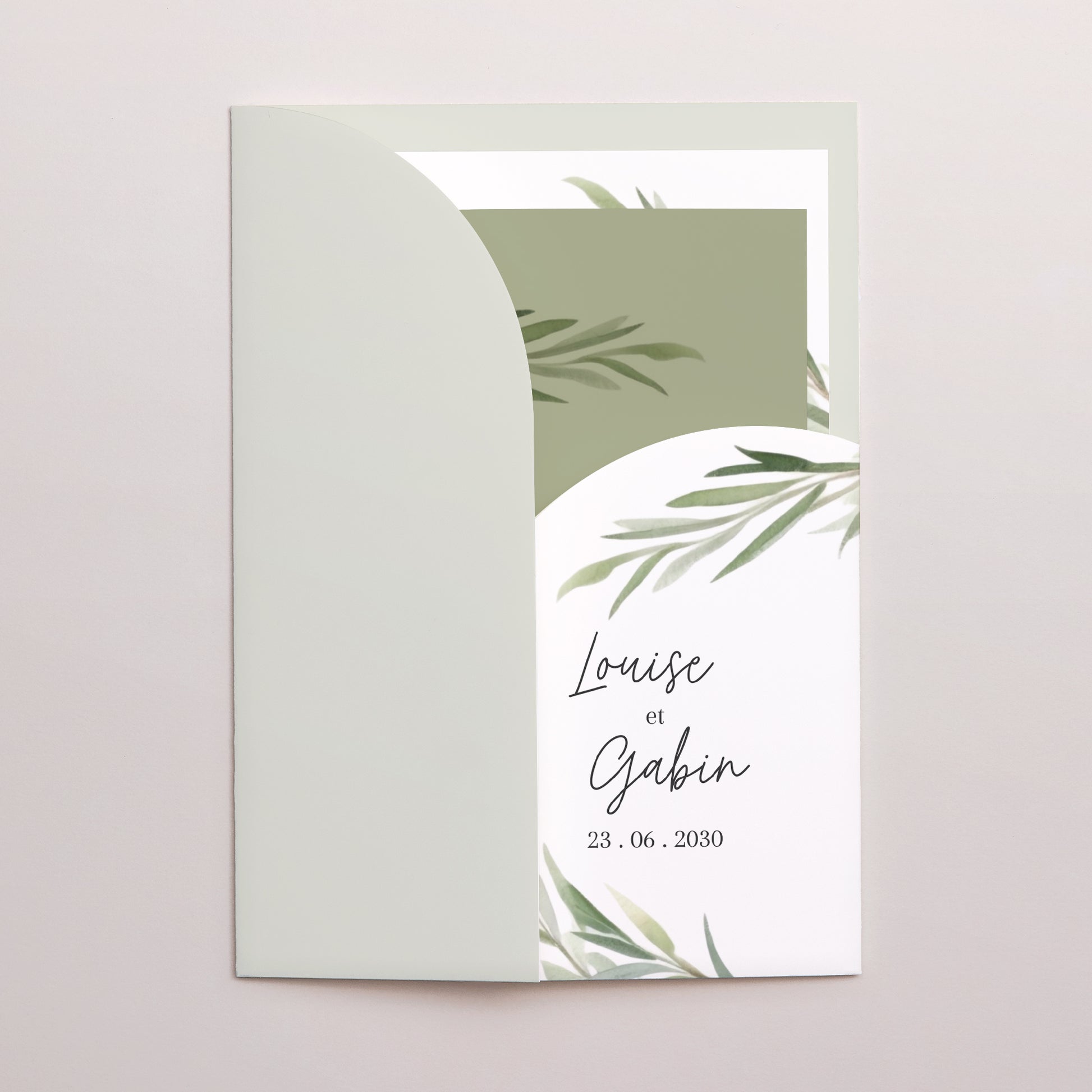Faire-part Mariage Pochette 2 cartes Feuilles d'olivier photo N° 2