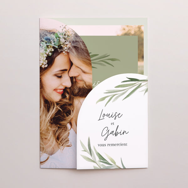 Remerciements Mariage Pochette 2 cartes Feuilles d'Olivier photo