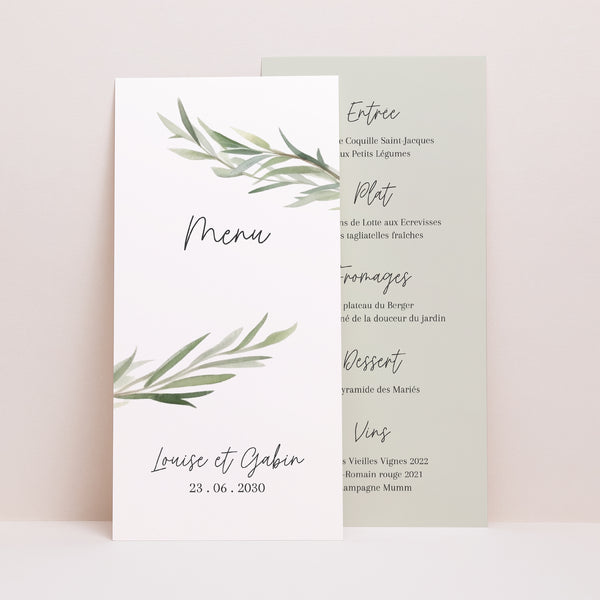 Menu Mariage Panoramique portrait Feuilles d'Olivier photo