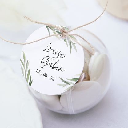 Boîte à dragées Mariage boule avec étiquette ronde Feuilles d'Olivier photo N° 1