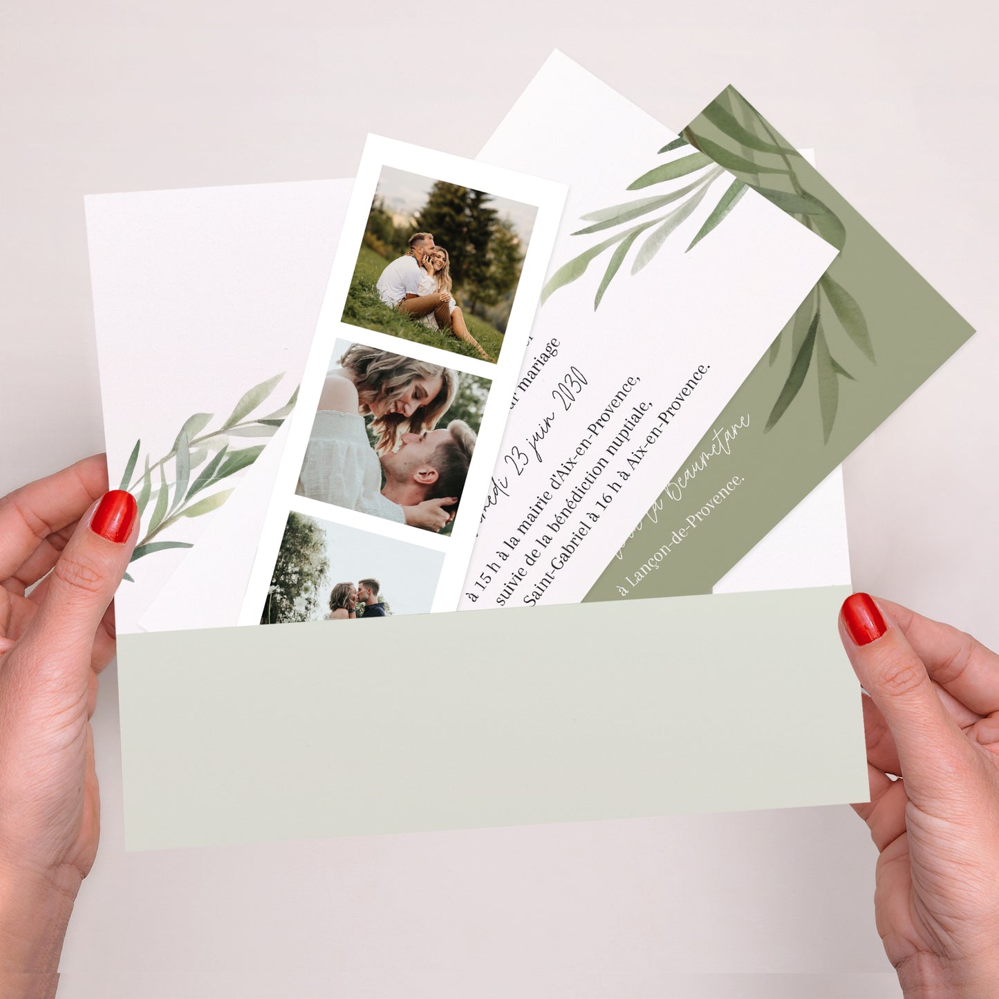 Faire-part Mariage pochette rectangle, 2 cartes Feuilles d'Olivier photo N° 2