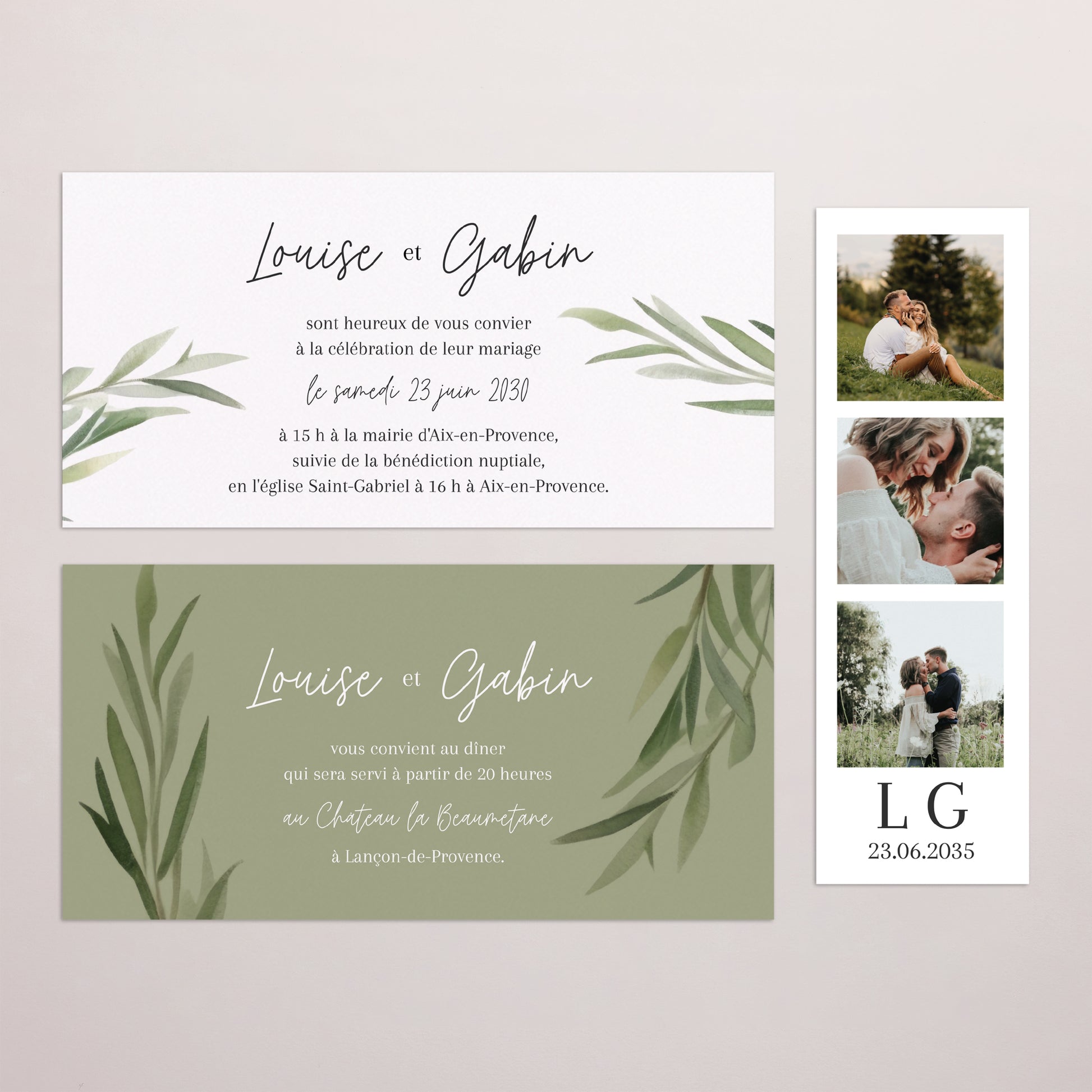 Faire-part Mariage pochette rectangle, 2 cartes Feuilles d'Olivier photo N° 3