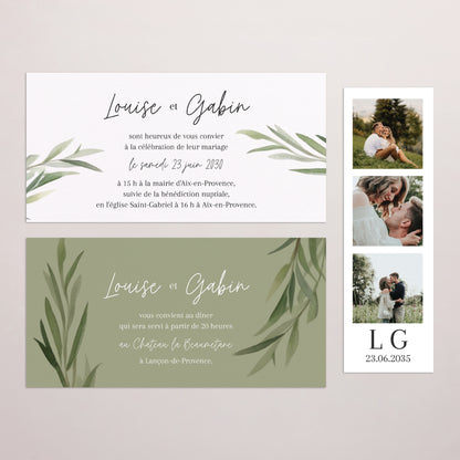 Faire-part Mariage pochette rectangle, 2 cartes Feuilles d'Olivier photo N° 3