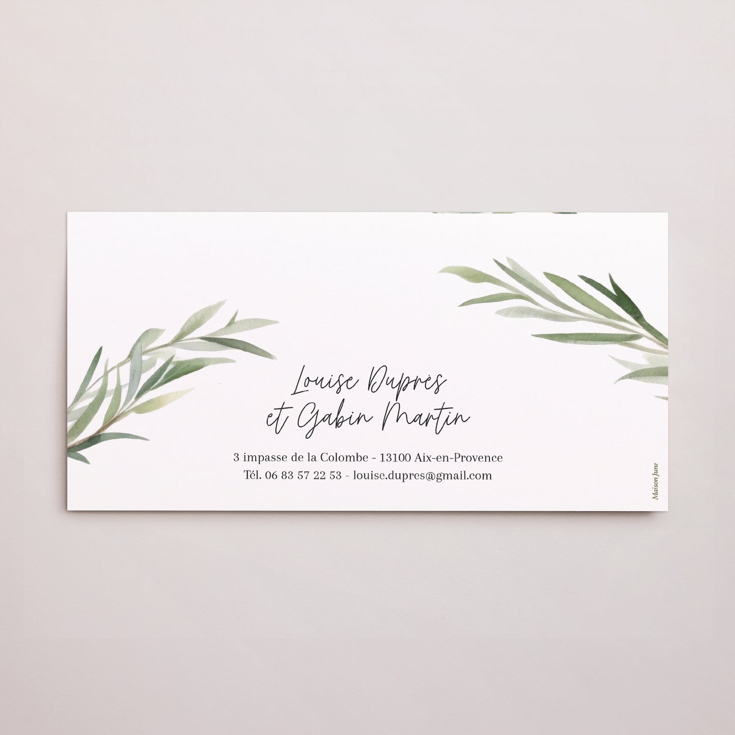 Faire-part Mariage pochette rectangle, 2 cartes Feuilles d'Olivier photo N° 4