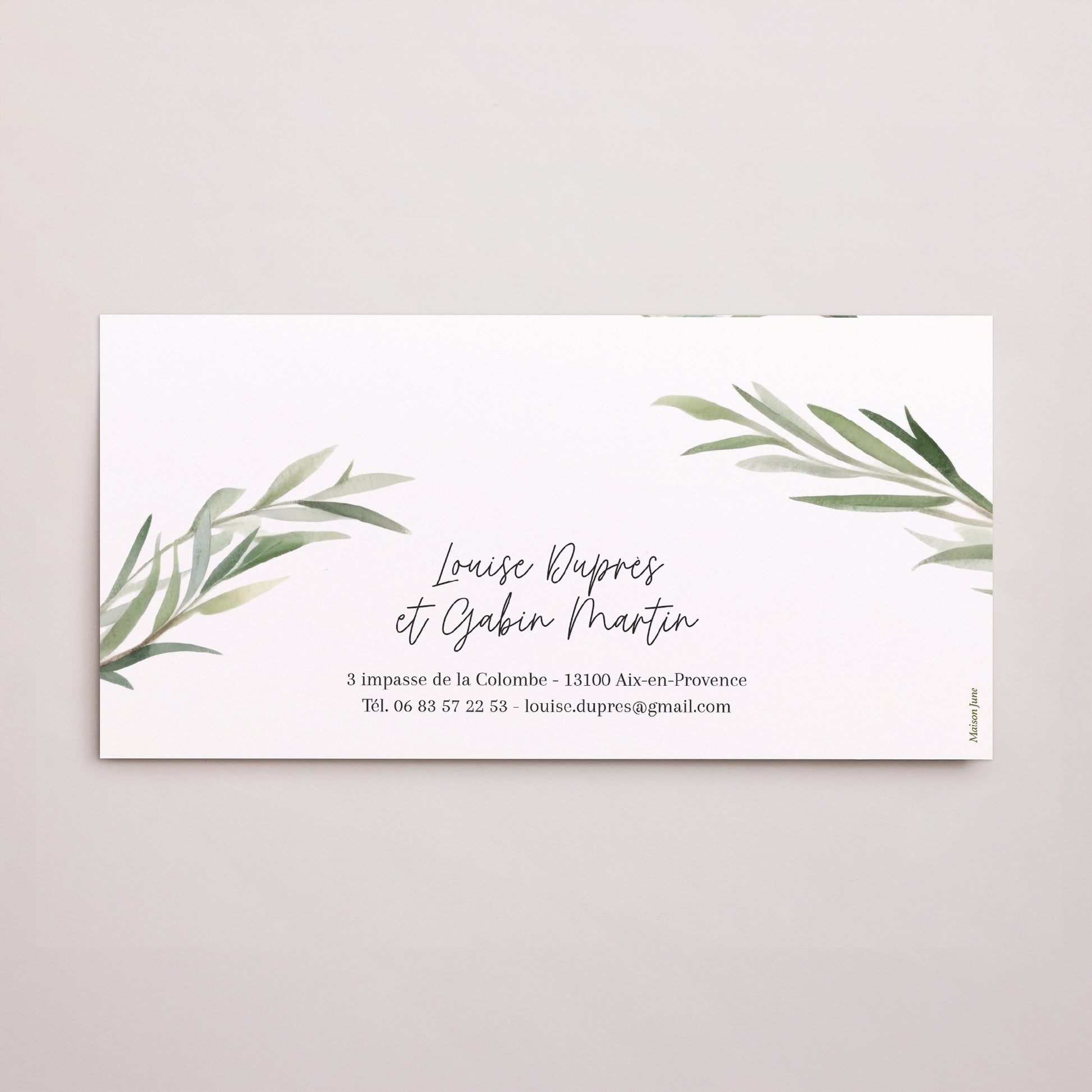 Faire-part Mariage pochette rectangle, 2 cartes Feuilles d'Olivier photo N° 4