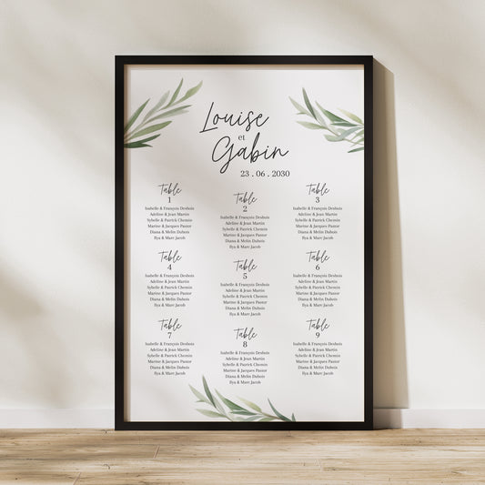 Plan de table Mariage Portrait 60 x 90 cm Feuilles d'olivier photo