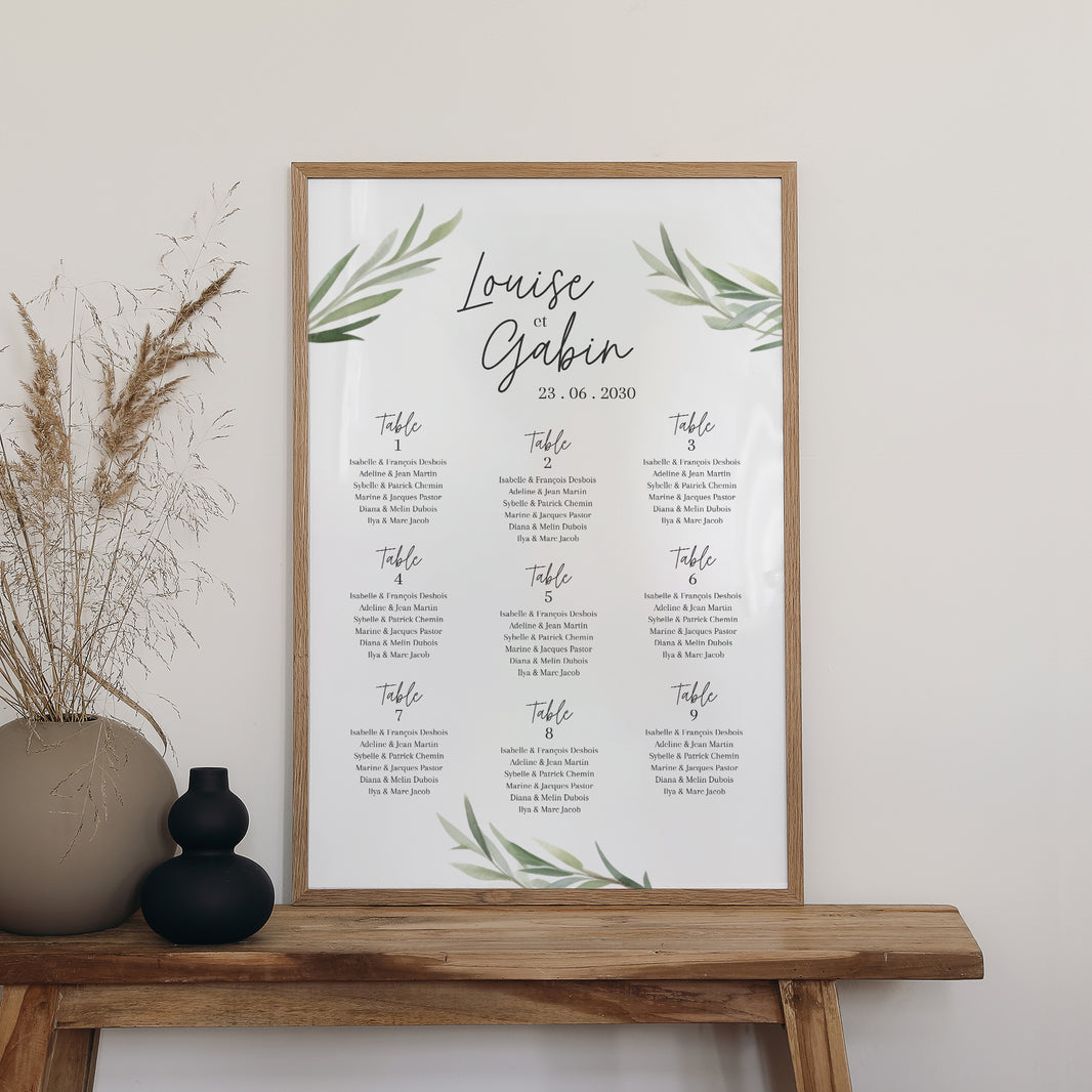 Plan de table Mariage Portrait Feuilles d'olivier photo N° 2