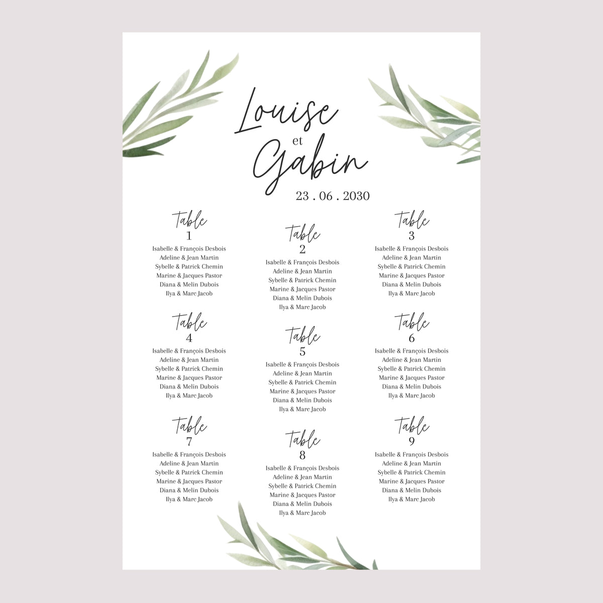 Plan de table Mariage Portrait 60 x 90 cm Feuilles d'Olivier photo N° 2