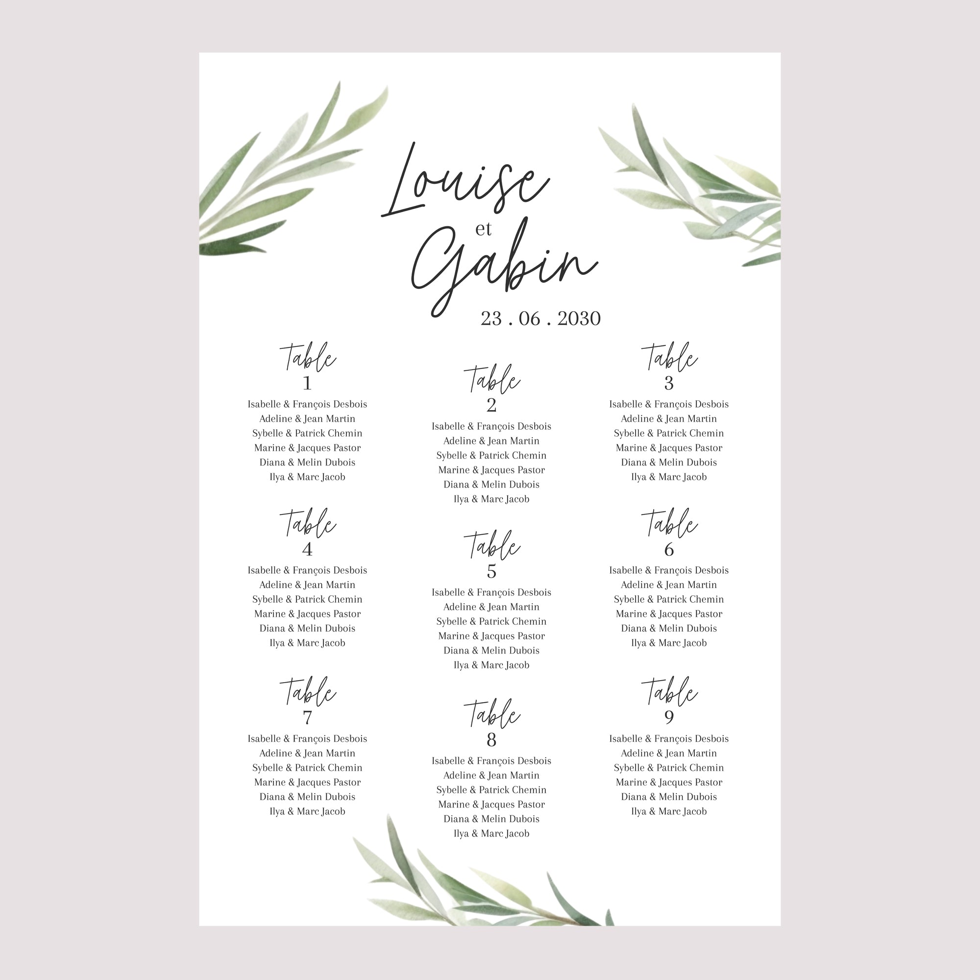 Plan de table Mariage Portrait 60 x 90 cm Feuilles d'Olivier photo N° 2