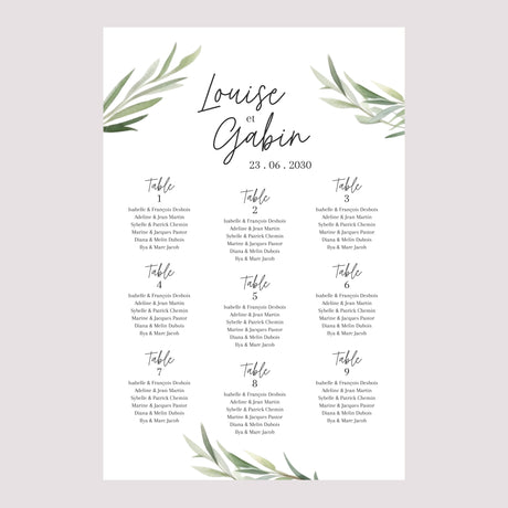 Plan de table Mariage Portrait 60 x 90 cm Feuilles d'Olivier
