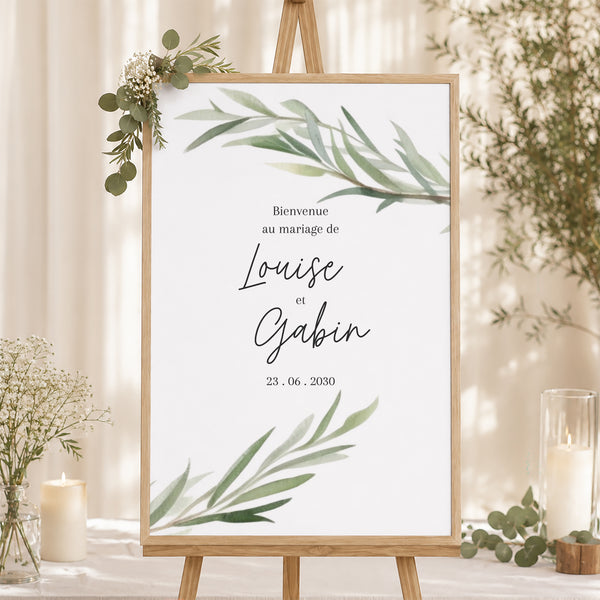 Panneau bienvenue Mariage Portrait 60 x 90 cm Feuilles d'Olivier photo