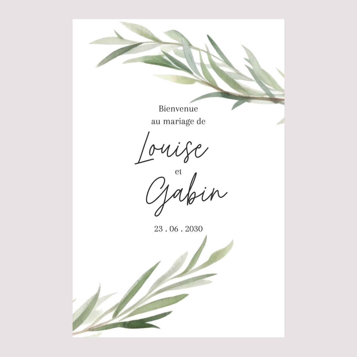 Panneau bienvenue Mariage Portrait 60 x 90 cm Feuilles d'Olivier photo N° 2