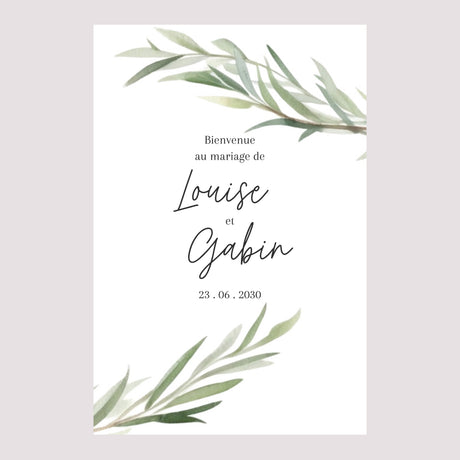 Panneau bienvenue Mariage Portrait 60 x 90 cm Feuilles d'Olivier