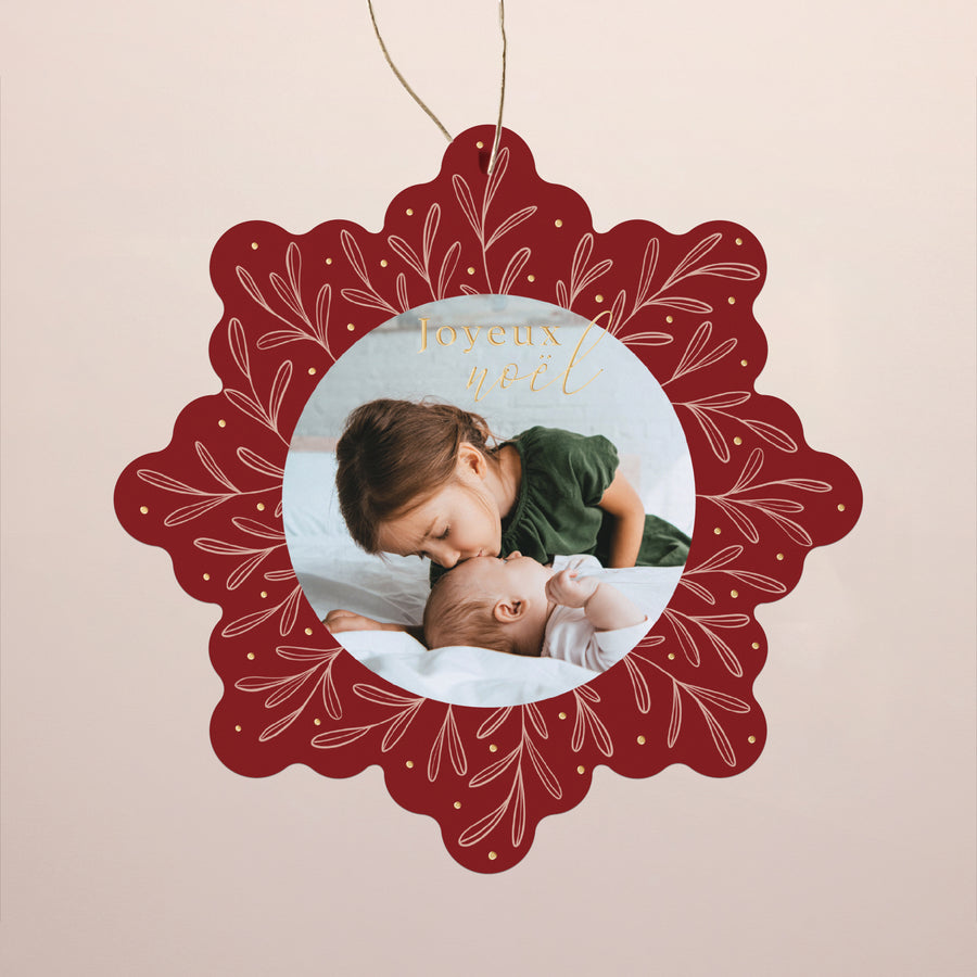 Carte de Noel Fin d'année Flocon à suspendre Flocon bordeaux et Or photo