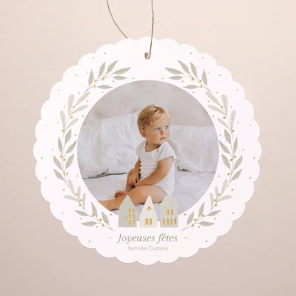 Carte de Noel Fin d'année À suspendre Couronne et maisons dorées photo N° 1