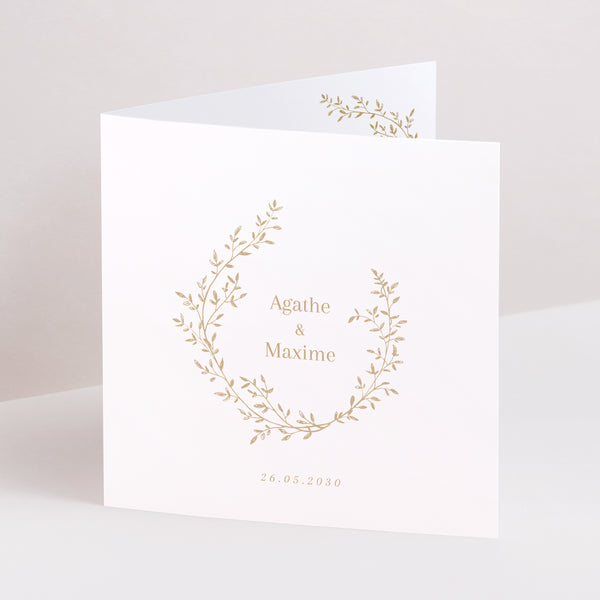 Faire-part Mariage Carré double volet couronne florale dorée 2 photo