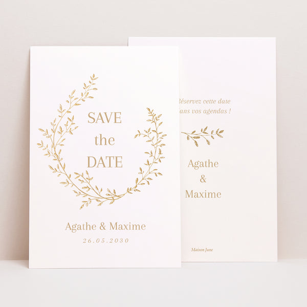 Save the date Mariage Portrait Couronne florale dorée photo